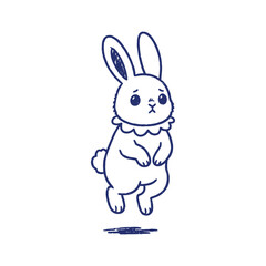 Obraz premium Active bunny rabbit character jumping or hopping with excitement. Blue line art minimalist illustration of energy and action.