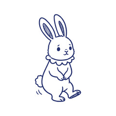Obraz premium Vector illustration of a walking happy bunny. Minimalist blue line art, cute rabbit mascot exploring, isolated on white.