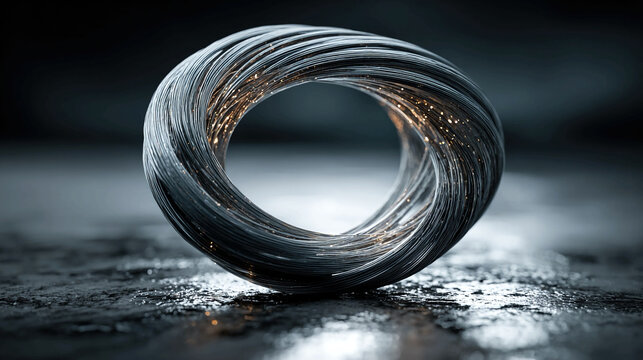 Wire bending into perfect circle, transformation, abstract metal object forming geometric shape, symbolic perfection, flexibility, and creation of order from malleable materials in surreal style.