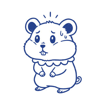 Vector illustration of a nervous sweating hamster. Minimalist blue line art, cute stressed animal concept isolated on white.