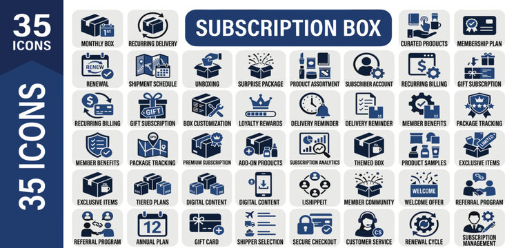 Detailed Vector Icon Set for Online Retail and Subscription E-commerce Services, Illustrating Delivery, Customer Loyalty, Recurring Billing, and Member Benefits