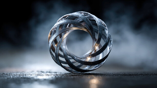 Wire bending into perfect circle, transformation, abstract metal object forming geometric shape, symbolic perfection, flexibility, and creation of order from malleable materials in surreal style.
