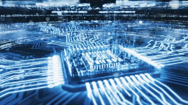 Abstract digital circuit board design with blue lines and glowing elements