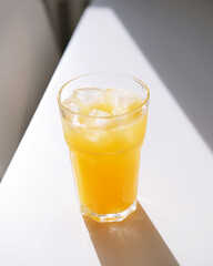 Orange juice in a glass with ice on a bright white surface, sunlight highlights the beverage, creating a refreshing breakfast mood and a clean minimal scene for photography © Alexander
