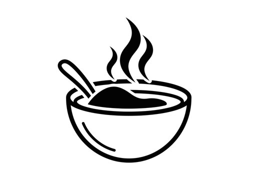 Hot steaming bowl of soup with spoon simple black icon.