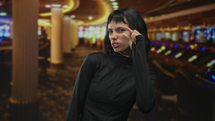 Fototapeta premium Young hispanic woman squinting eye pinching fingers near slot machine in casino; skepticism risk caution.