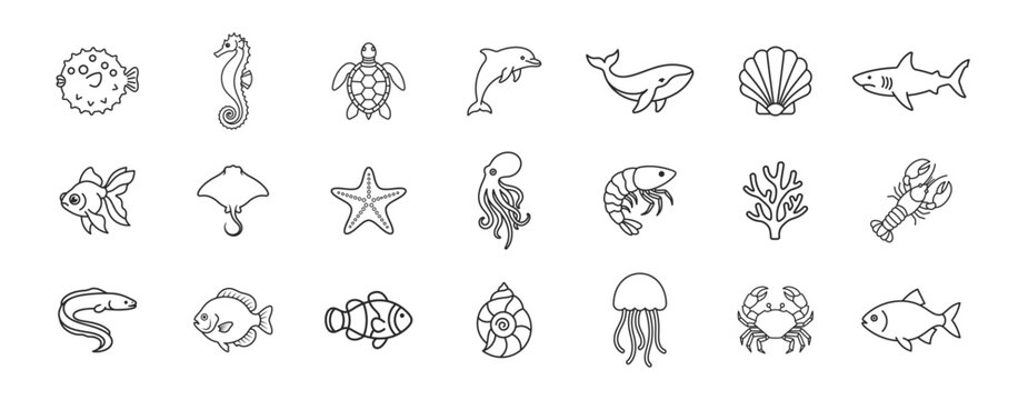 Marine animal sea collection outline icons set on transparent background