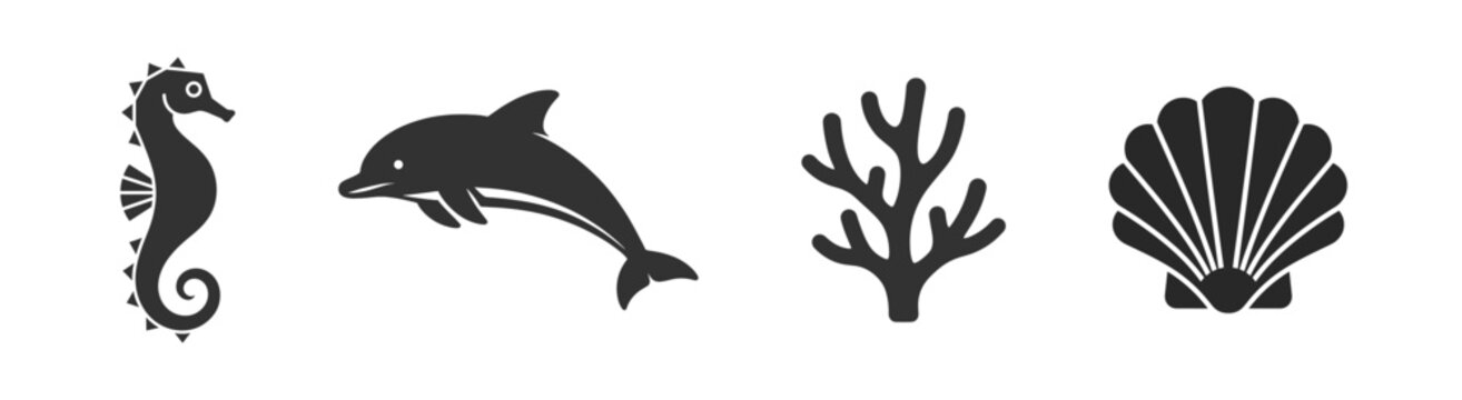 Marine animals collection sea silhouette icon on transparent background