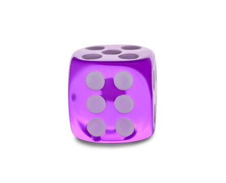 Purple game dice on white background