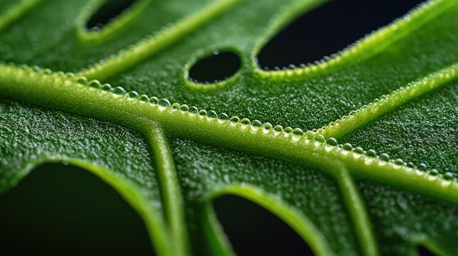 Colecci&oacute;n de hojas en macro extremo con gotas de agua, nervaduras, texturas y detalles org&aacute;nicos; naturaleza abstracta, fotorealista
