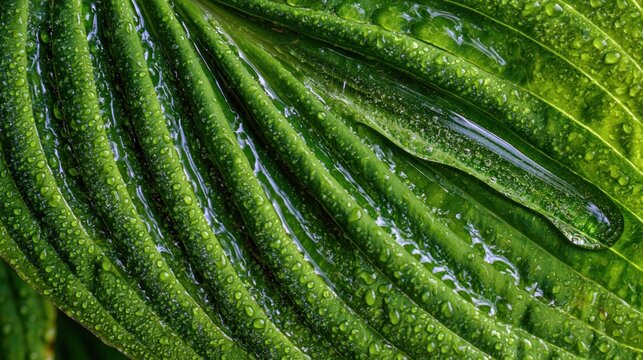 Colecci&oacute;n de hojas en macro extremo con gotas de agua, nervaduras, texturas y detalles org&aacute;nicos; naturaleza abstracta, fotorealista