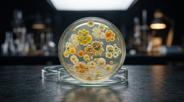 Close-up of diverse microbial colonies growing in a petri dish in a laboratory setting