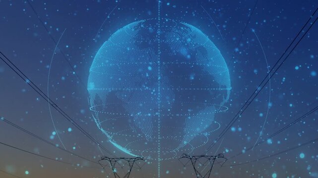 Blue holographic globe forming as dotted ring appearing, rotating above pylons showing power grid