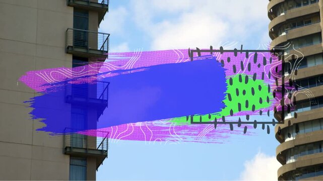 Tower gap opening, purple sweep arriving, blue growing, green appearing, lines drawing, framing