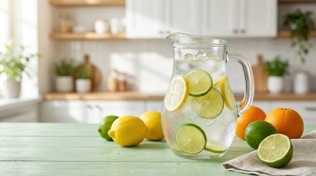 Cold pitcher of lemon water with condensation and fresh citrus fruits on a light-colored pastel table in a sunlit kitchen. This