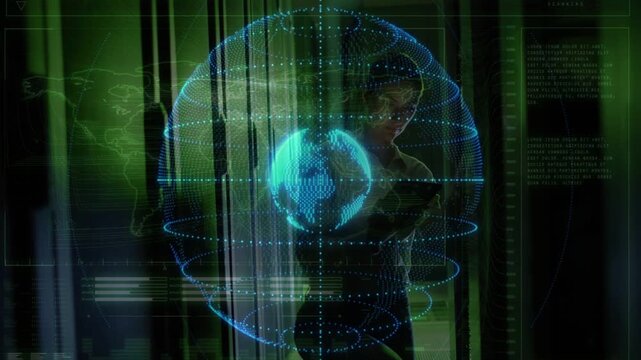 Female operator leaning forward in tech bay, causing holo globe pulsing, HUD updating for insight