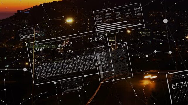 Wide city reveal initiating UI panels, tilting, updating numbers, showing traffic data over highway