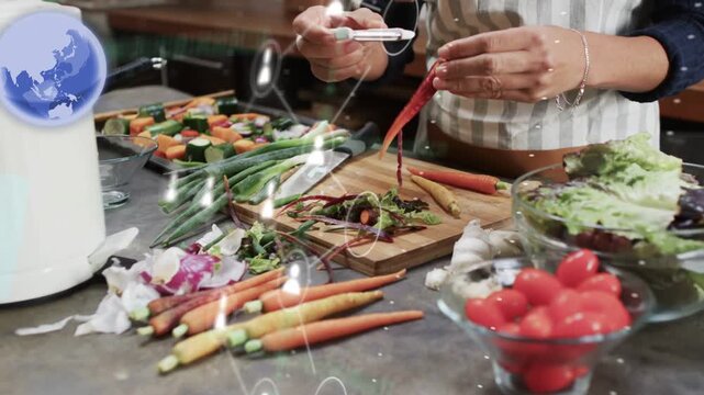 Woman picking up peeler and peeling carrot on cutting board, AR icons hovering for food technology