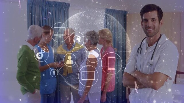 Nurse holding phone showing group in home, soft overlay expanding with icons linking care network