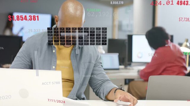 Man clicking mouse scanning docs, gathering turning discussing as finance HUD floating over laptop