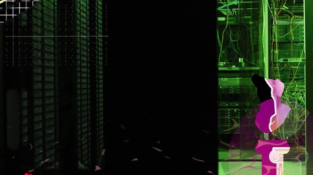 Grids initiating magenta bust emerging in datacenter, racks and green cables glowing for tech