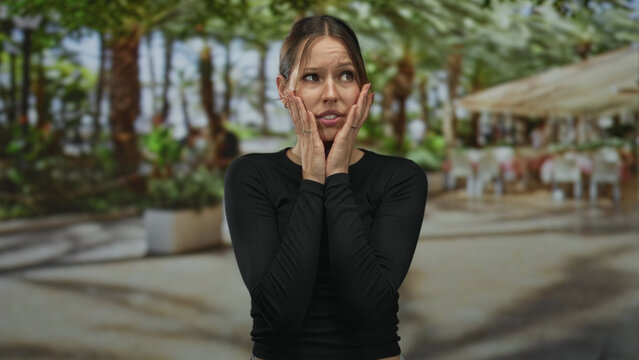 Woman holding face with both hands and looking worried on a restaurant terrace outdoors; anxiety uncertainty.