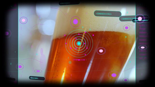 Reticle appearing, tall beer glass undergoing tech analysis, HUD rings pulsing, pink nodes settling