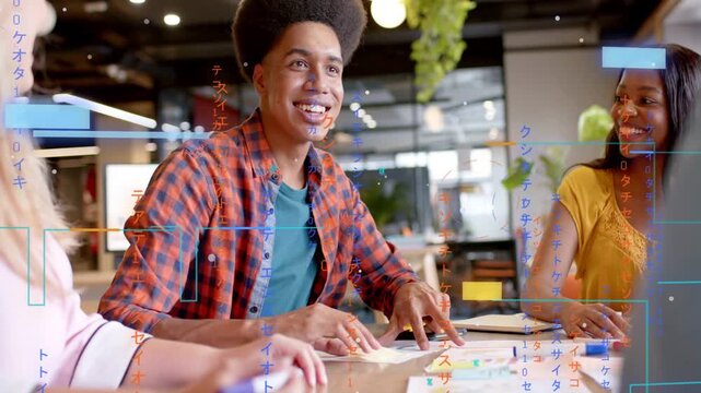 Center man speaking then arranging sticky notes, leading business planning with UI overlaying table