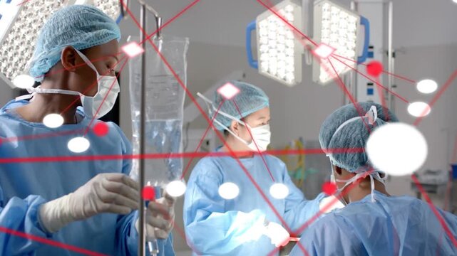 IV nurse adjusting pole causing camera widening surgeon guiding surgery red nodes overlaying field