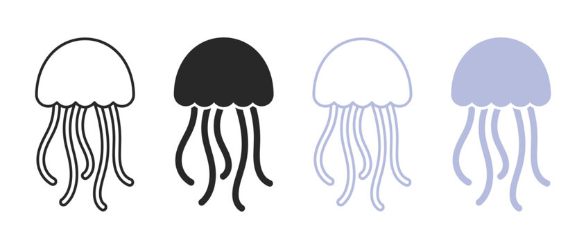 Jellyfish marine animal variations flat icon set on transparent background