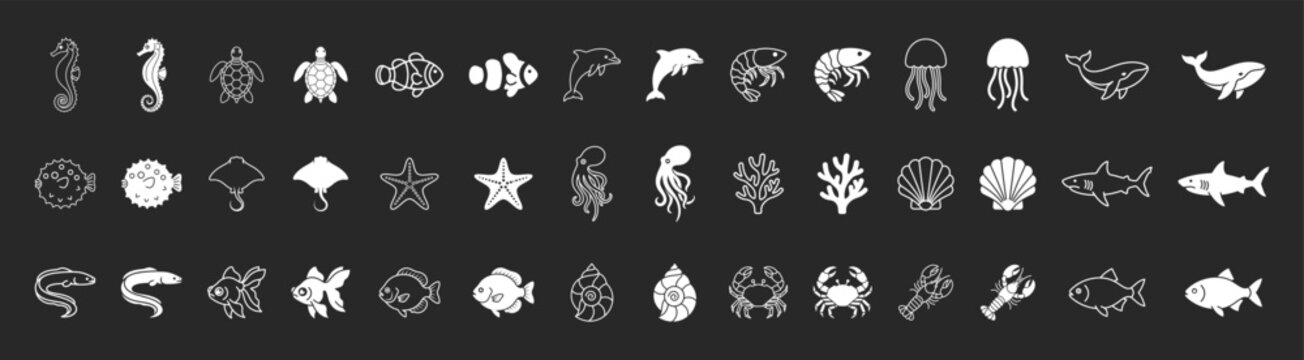 Seafood marine animals menu flat icon set on black background