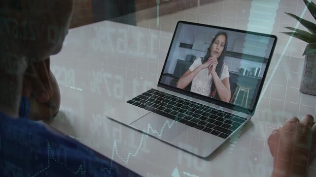 Remote presenter speaking, causing line charts and arrows popping over laptop, guiding trading