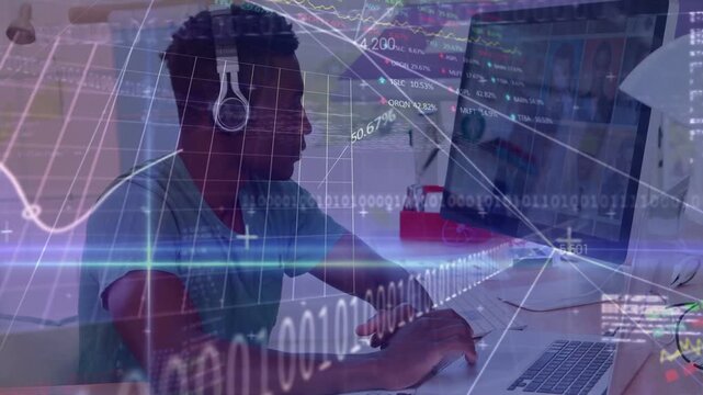 Man pausing, donning headphones and leaning in, analyzing as finance charts and code sweeping scene
