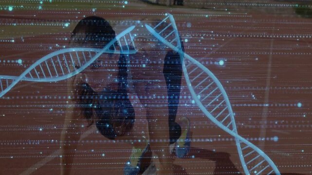 Woman runner taking start on sports track, readying run, DNA overlay crossing torso tracking motion