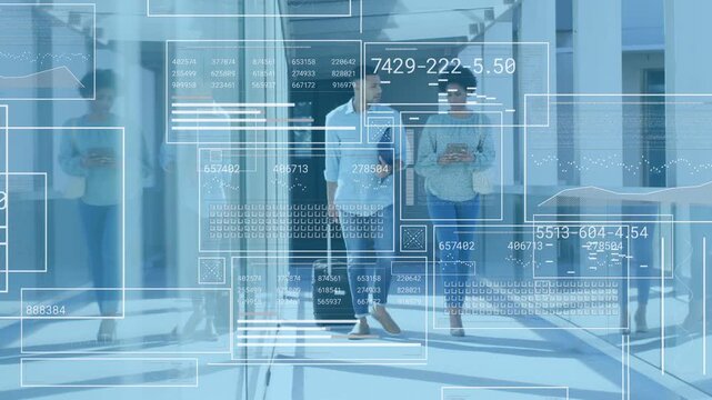Man and woman walking glass corridor, woman tapping phone causing business overlays for meeting