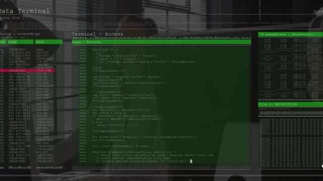 Seated dev on phone moving hand near keys starting green terminal on screen scrolling software code