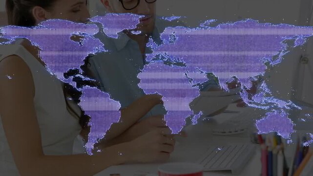 Team leaning, tapping phone and pointing at laptop, making purple map overlay shifting for business