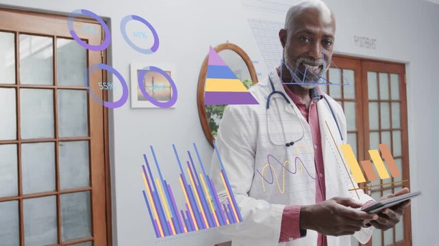 Senior doctor tapping tablet, animating medical charts showing care data, then looking up smiling