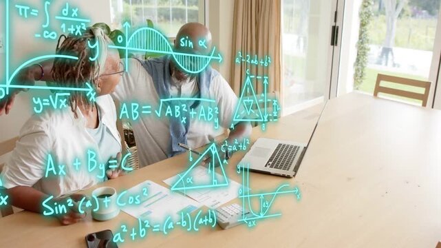 Senior couple sitting at table, man pointing at laptop and activating teal STEM overlay aiding math