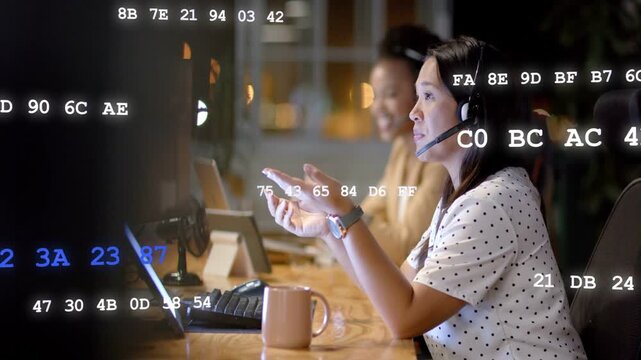 Support agent taking call via headset, speaking and gesturing with code overlay mirroring gestures