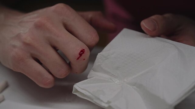 Dangerous medical accident showing injury from broken glass ampoule, with bleeding finger pointing at sharp fragments on tissue after improper opening, close-up, slow motion.