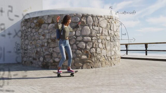 Female rider pushing off, riding right past stone wall while math diagrams growing to show motion