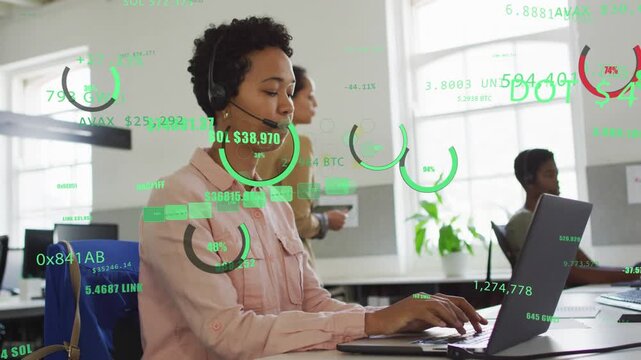 Headset agent typing and talking laptop, overlay appearing and updating markets, monitoring finance