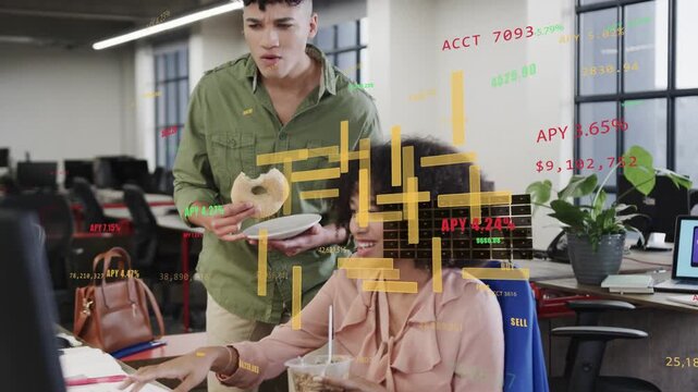 Woman using keyboard, causing animated candlesticks showing APY gains for finance, man leaning in