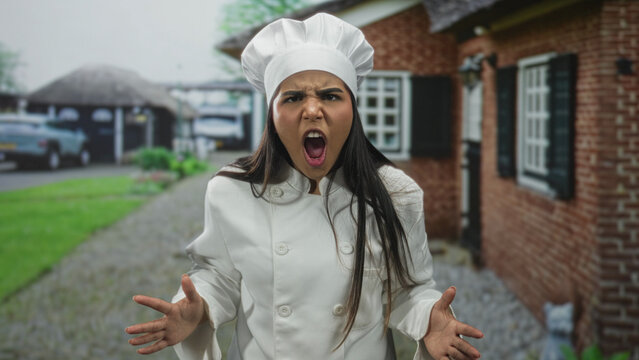 Young hispanic woman chef shouting with hands raised, open mouth and pointing fingers outside a brick building on a cobblestone street; anger confrontation.