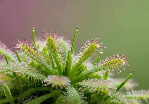 Detailed macro shot of sticky, dew-covered butter grass leaves showing the unique texture of this tiny carnivorous plant, marsh, bog, Pinguicula