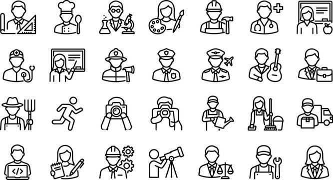 Black and white line icons of people in different professions and activities, arranged in a grid pattern on a white background
