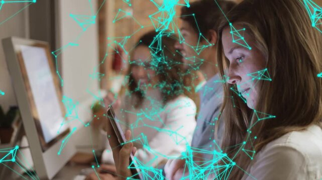 Right woman tapping phone after glance checking updates in edu as teal overlay drifting over phone