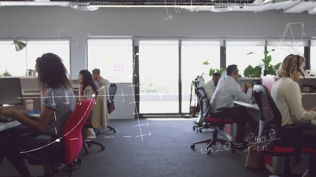 Woman typing on laptop in IT office starting graphs and formulas layering over desks for analysis