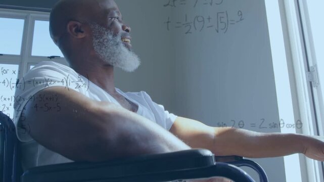 Forearm guiding hand, senior in wheelchair extending arm by window, overlays showing health metrics